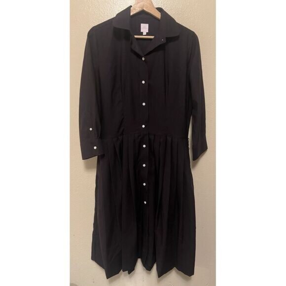 ANN MASHBURN Shirtwaist Midi Dress Black Cotton Button‎ Up Women's Size L No Tie - Picture 1 of 11